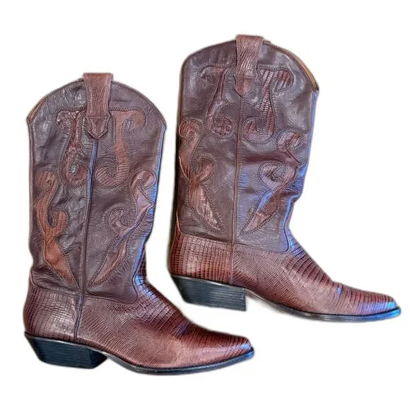 Nine West Vintage Brown Lizard Embossed Leather Cowboy Boots - Size 8 Women's